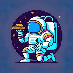 Poster - Cute Astronaut Eating Burger Cartoon 2d illustrated Icon Illustration. Science Food Icon Concept Isolated Premium 2d illustrated. Flat Cartoon Style