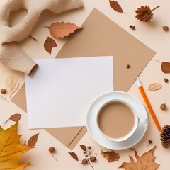 Poster - Autumn flat lay composition with blank paper card, letter envelope, coffee cup, scarf, fallen leaves on beige background Autumn hygge style desk table, top view , anime style