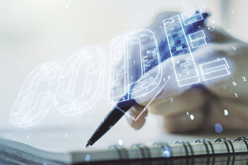 Wall Mural - creative code word sign and woman hand writing in notepad on background, international software deve