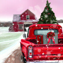 Watercolor Christmas Pickup Truck
