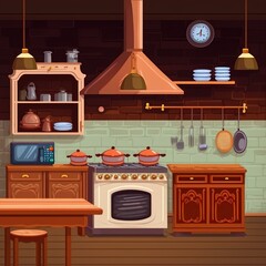 Poster - Rustic kitchen empty interior with wooden table, furniture and appliances. Oven, range hood, refrigerator and utensil. Cooking equipment in retro vintage style, jalousie. Cartoon 2d illustrated