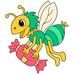 Sticker - Vector illustration of a happy insect cartoon character holding a pink candy