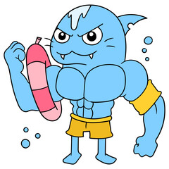 Sticker - Vector illustration of a strong shark character with muscles wearing yellow shorts