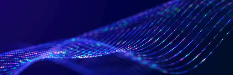 Particle stream. Purple background with many glowing particles. Information technology background. 3d rendering.