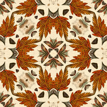 Autumn Leaves Woodland Seamless Pattern. Brown Retro Kaleidoscopic Textile Print. Backdrop Of Vintage Ornate Forest Wallpaper. Garden Botanical Print. 