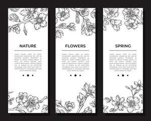 Canvas Print - Nature, flower and spring onboard screen templates set. Mobile app, landing page black silhouettes of blooming flowers hand drawn vector