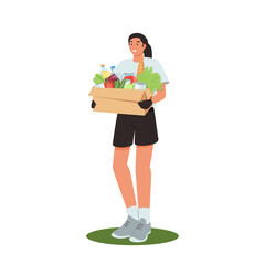 Wall Mural - Woman character volunteer hold big box of foods. Food donation concept. Flat vector cartoon illustration.