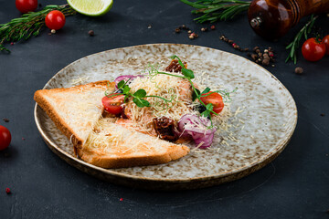 Canvas Print - Red fish with cheese, tomatoes, sun-dried tomatoes, olives, onions, greens and toast.