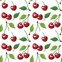 Seamless Pattern With Cherries On A Branch With Leaves For Printing On Textiles. Botanical Illustration Of Juicy Wholesome Berry In Cartoon Style. Ingredient For Delicious Desserts And Vitamin Drinks.
