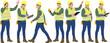 © Mykhailo Shvets - Hand-drawn set of male construction workers with helmets and vests. Vector flat style illustration isolated on white. Full length view