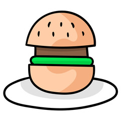 Sticker - Vector illustration of a doodle burger with meat and green on a white plate