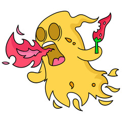 Sticker - Vector illustration of a yellow ghost eating hot chili and spitting fire