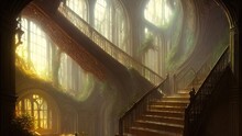 Staircase In The Palace Leading To The Top. Large Panoramic Windows. Fantasy Interior With A Garden. Rays Of The Sun, Shadows. Majestic Staircase. 3D Illustration.