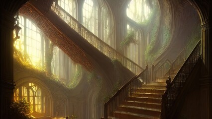 Wall Mural - Staircase in the palace leading to the top. Large panoramic windows. Fantasy interior with a garden. Rays of the sun, shadows. Majestic staircase. 3D illustration.