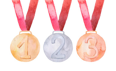 Wall Mural - Medals watercolor set. Gold, silver and bronze medal with red ribbon. Champion award