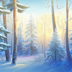 Wall Mural - Panorama. Beautiful Winter landscape scene background wit snow covered trees. Sunny winter backdrop. Wonderland. Frosty trees in snowy forest. Tranquil winter nature in sunlight. Space for text