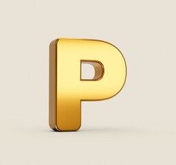 Poster - 3d illustration of golden P alphabet on beige background with shadow