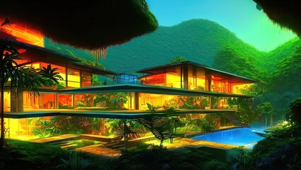 Large modern mansion, architecture house with a swimming pool, night neon lighting of the building. House in the rainforest in the mountains. Night landscape.