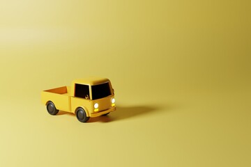 Poster - Small yellow delivery truck. Concept of courier work, delivering products to the store. Supplier. 3d render, 3d illustration