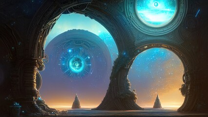 Fantasy galactic majestic portal, neon. An abstract passage, a door to an unreal world. Round stone arches. 3D illustration