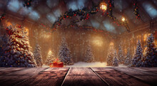 New Year Festive Empty Wooden Table, Blurred Background New Year And Christmas Holiday Decorations.