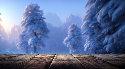 Winter empty wooden table, blurred background snowy winter forest with sunbeams.