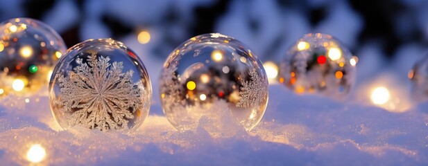 Festive winter sparkling glass balls in snow with snowflake decorations, blurred background, copy space