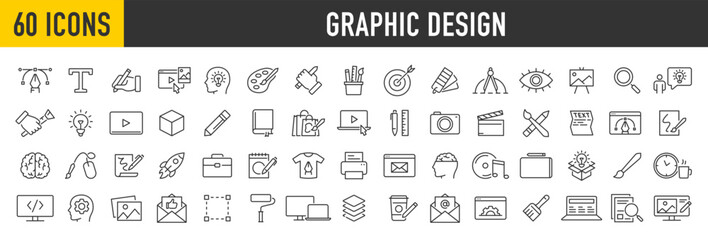 Set of 60 Graphic design web icons in line style. Icons for graphic designer, creative package, stationary, software, creativity, tools, drawing, collection. Vector illustration.