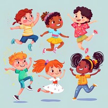 Multicultural Boys And Girls Play Together, Happily Jumping And Dancing Fun Against The Background. Children Are Having Fun. Colorful Cartoon Characters. 2d Illustrated Illustrations