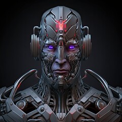 Wall Mural - Epic metal robot cyborg soldier with glowing neon purple eyes.