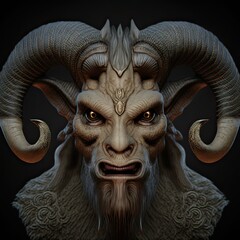 Wall Mural - Horned beast demon creature from hell. 3d character design. Isolated on black background.