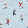 people enjoy outdoors activity at winter park seamless pattern vector flat illustration. pepole ice skating on blue backgorund. Simple winter seamless pattern with people