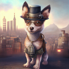 Steampunk Chihuahua Dog In Hat, Generated Image