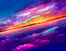 Sun And Clouds, Sunset, Iridescent Colors, Sky, Beautiful Background, Backdrop, Illustration, Digital