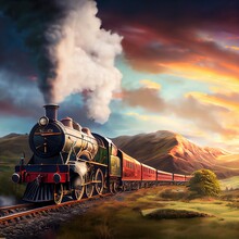 Old Steam Train Crossing Beautiful Landscape. Stunning Illustration Generated By Ai