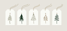 Set Of Winter Holiday Gift Tags. Hand Drawn Christmas Tree Doodles. Minimalistic Vector Design In Simple Style.