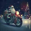 Santa Claus on motorcycle at night, Christmas vintage card ai generated