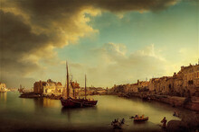 City With Harbour Ancient Painting Style