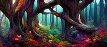 Abstract Magical Fantasy Woods - Vibrant Autumn Fall Colors, Misty Fog And Sacred Old Towering Fantasy Trees In Strange And Unusual Curvy Shapes.