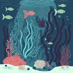 Wall Mural - Underwater cartoon flat background with fish silhouette, seaweed, coral. Ocean sea life, cute design. 2d illustrated illustration