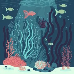 Underwater cartoon flat background with fish silhouette, seaweed, coral. Ocean sea life, cute design. 2d illustrated illustration