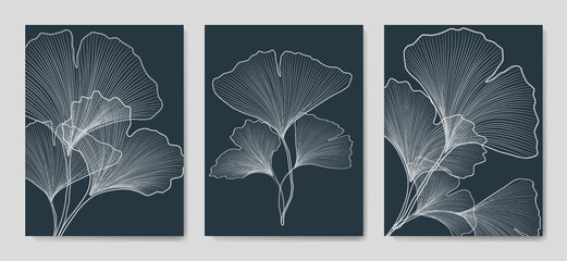 Wall Mural - luxury dark blue art background with ginkgo leaves hand drawn in line art style. botanical print set