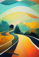 winding gold, green and turquoise blue road, illustration / poster with overlapping forms and beauti