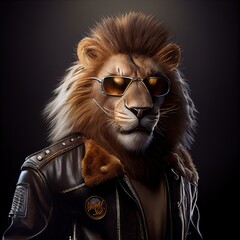 Wall Mural - portrait of lion wearing sunglasses, cool looking lion in shades. generative ai illustration