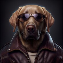 Labrador Dog Wearing A Sunglasses, Portrait Of A Dog In Shades And A Leather Jacket, Cool Looking Dog