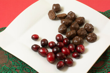 Wall Mural - Cranberry crispy dark chocolate truffle candy on white snack plate with fresh cranberries