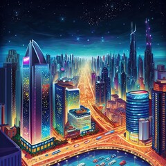 Sticker - Beautiful Dubai cityscape, bird's eye view on a night urban scene, modern city panoramic landscape, United Arab Emirates