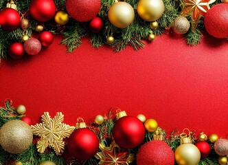 red christmas background with balls and ribbon with fir branches and christmass balls with blank spa
