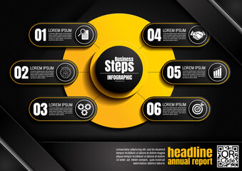Wall Mural - infographics design, circle and square 6 process chart diagram template for presentation workflow, abstract timeline elements, flow chart business yellow and black color layout concept