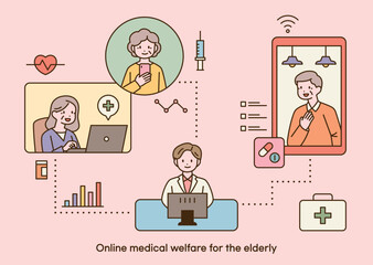 Wall Mural - elderly patients are receiving online non-face-to-face treatment. a doctor working on a computer and